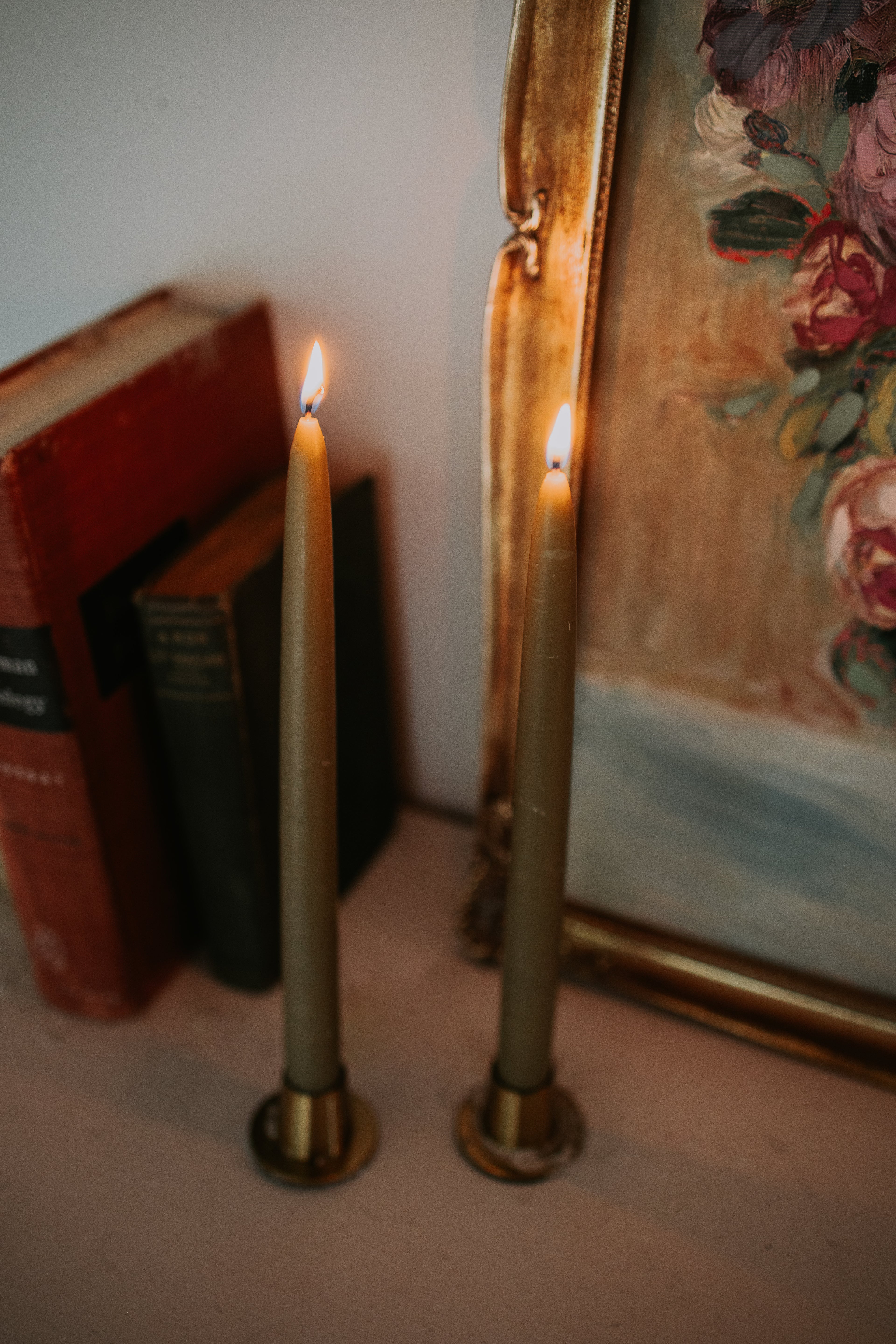 10” Moss Green Beeswax Hand-Dipped Taper Candles (Pair)